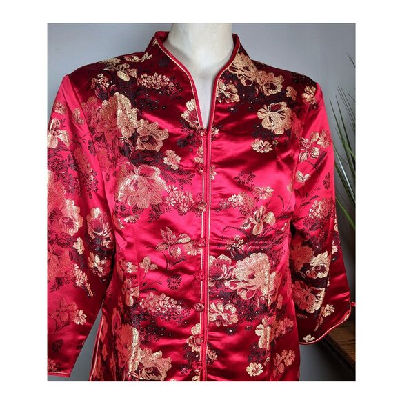 Satin Chinese Mandarin Top Long Sleeves XXL Embroidered Ruby Red Vintage - Picture 6 of 10